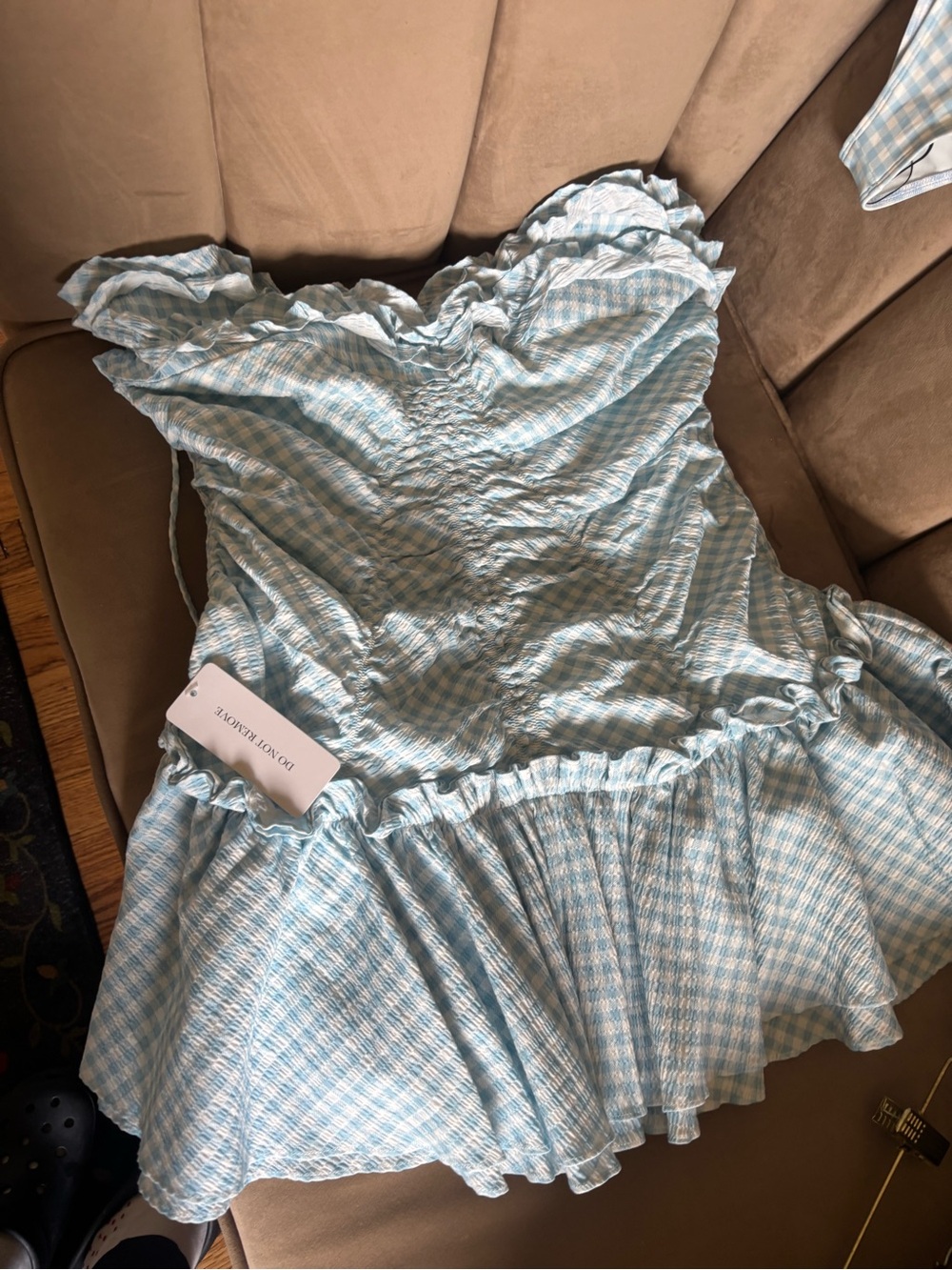 Selkie Light Blue Gingham Ruffled Halter Swim Dress - Picture 2 of 8
